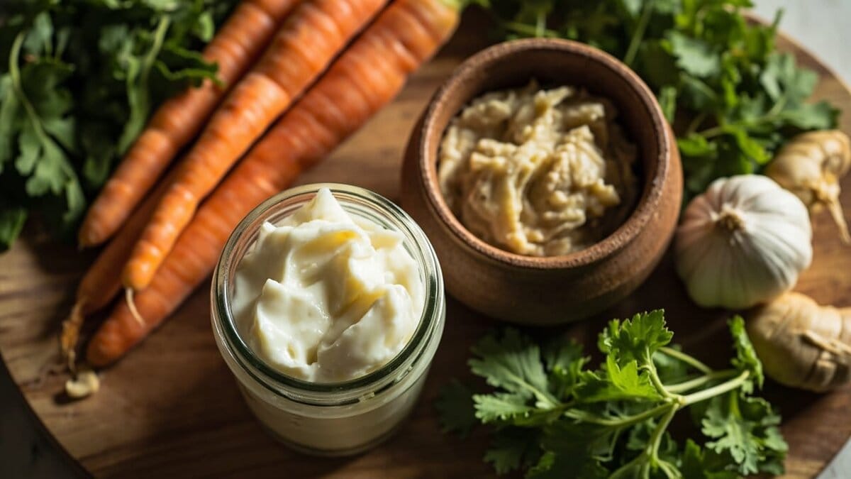 fermented foods for gut health - colorful jars of yogurt, sauerkraut, and miso next to fresh vegetables