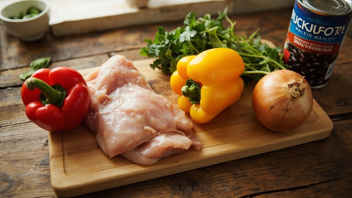 five ingredient dinners on a wooden kitchen table ready for weeknight cooking