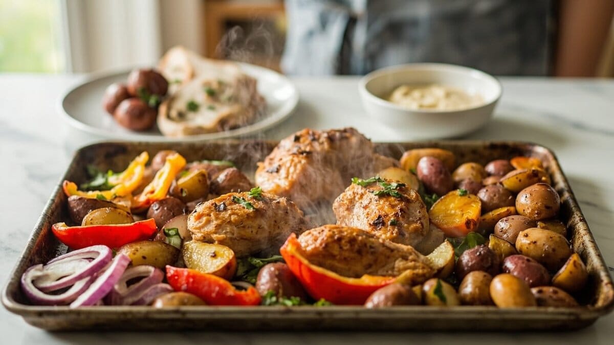 five ingredient sheet pan dinner with chicken and vegetables ready to roast