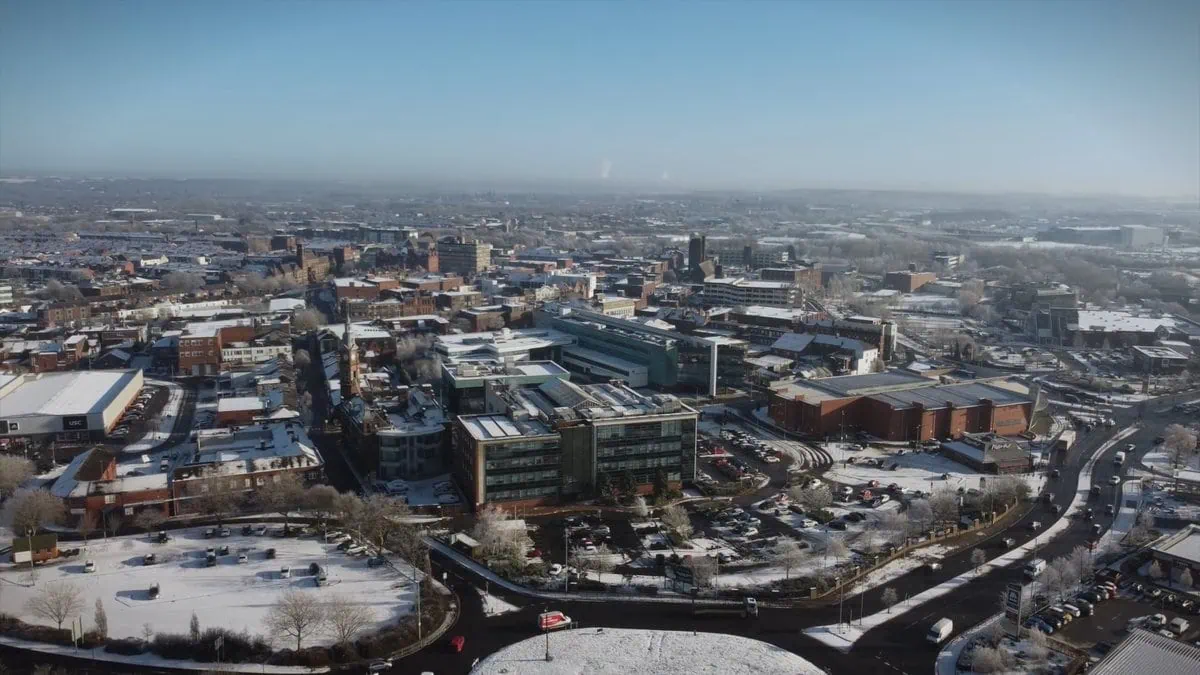 St Helens town centre from the air, from A Safer St Helens Town Centre