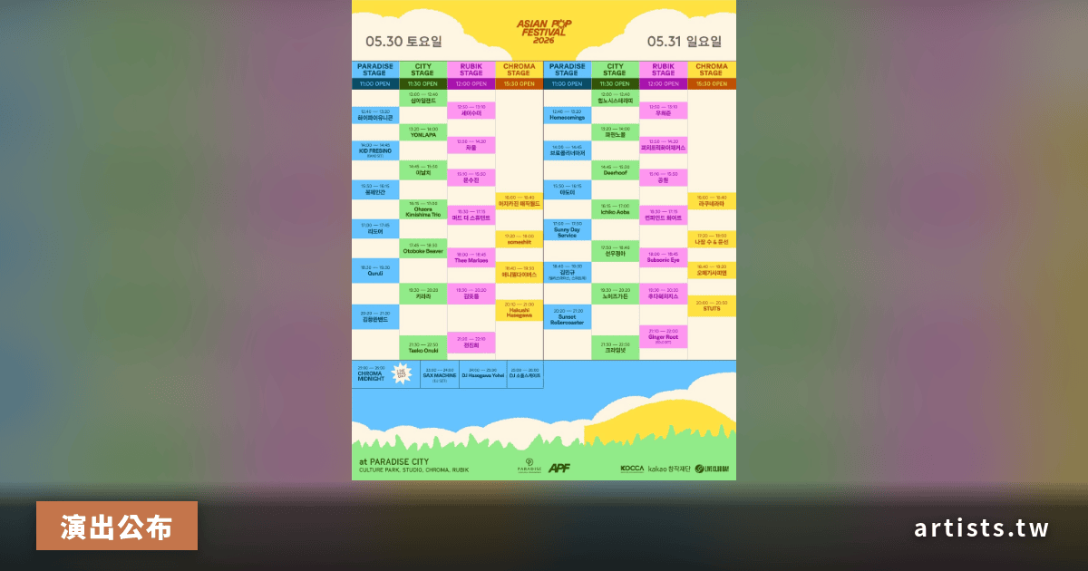 Asian Pop Festival 2026 公布四大舞台時間表，仁川 Paradise City 5/30–31 登場