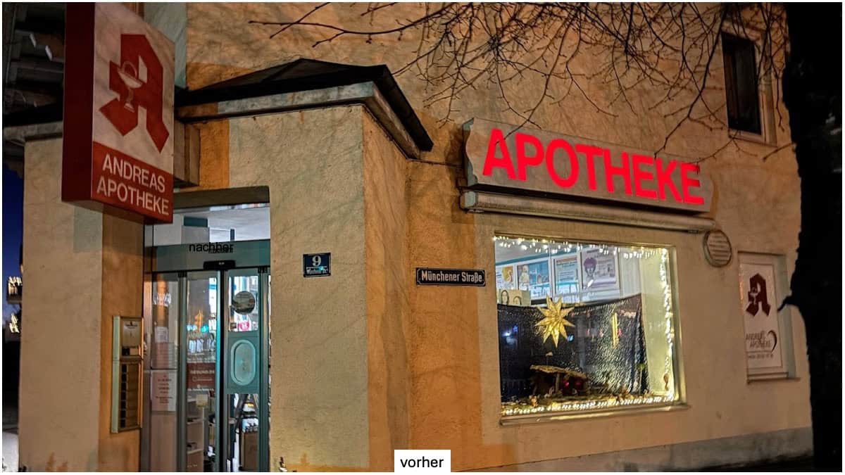 Andreas Apotheke in Sauerlach mit altem Apotheken-Transparent.