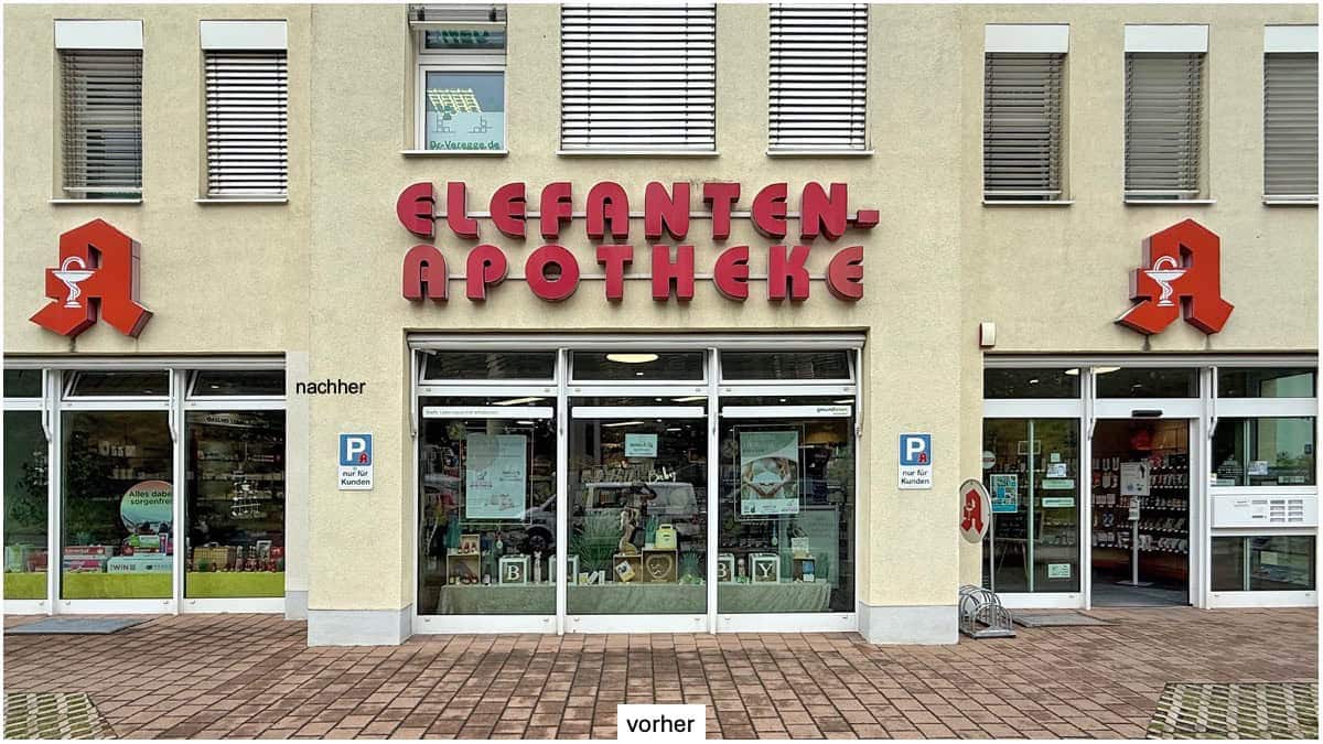 Apotheken-Lichtwerbung der Elefanten Apotheke in Dresden vor der Erneuerung.