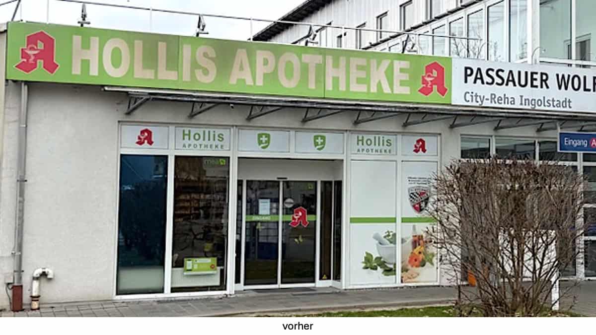 Die alte Außenansicht der Hollis Apotheke.