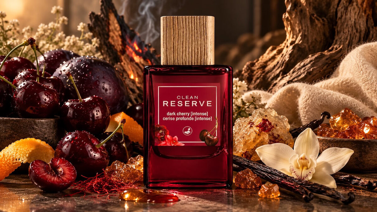 CLEAN RESERVE Dark Cherry Intense fragrance pyramid with cherry, plum, saffron, burnt sugar, orange, smoldering embers, vanilla orchid, labdanum, amber, musk and woods
