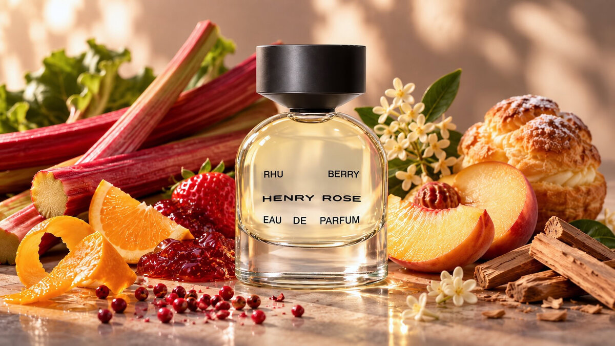 Henry Rose Rhu Berry fragrance pyramid Henry Rose Rhu Berry fragrance pyramid with rhubarb, orange, pink pepper, strawberry jam, osmanthus, peach, choux pastry, musk and sandalwood