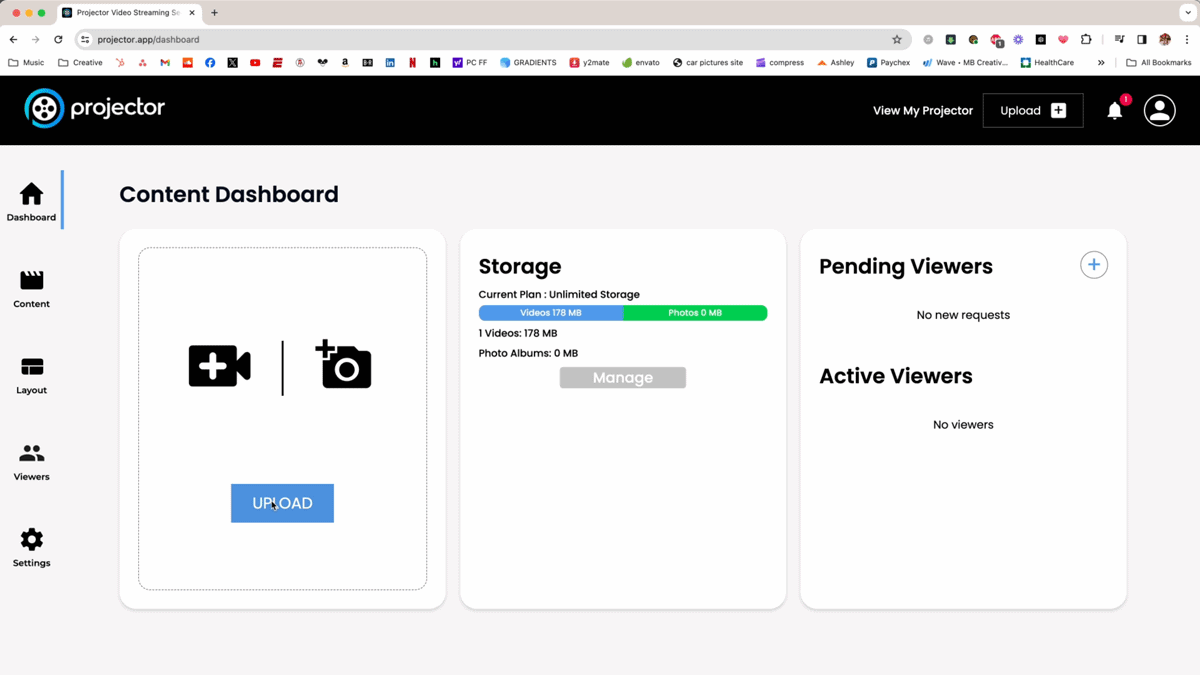 Screenshot of a content dashboard on a website. It shows options to record and upload, storage status with a bar indicating used and available space, and sections for pending and active viewers, both currently showing No views.