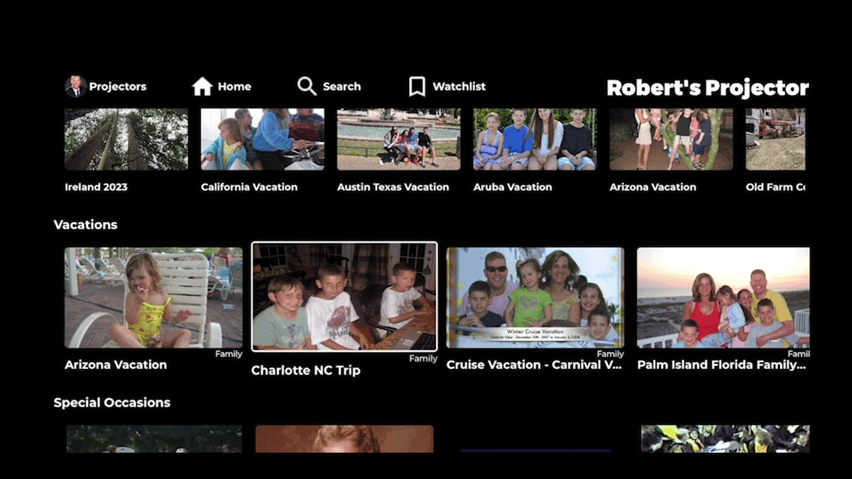 A selection of photos on a projector screen. Categories include Vacations with images labeled Arizona Vacation, Charlotte NC Trip, and Cruise Vacation. Other categories are Projectors and Special Occasions.