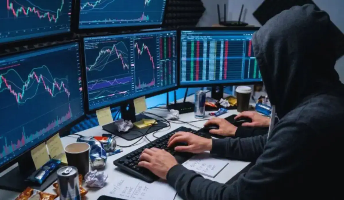 Trader calculating position size and risk per trade using charts, stop-loss levels, and risk management tools