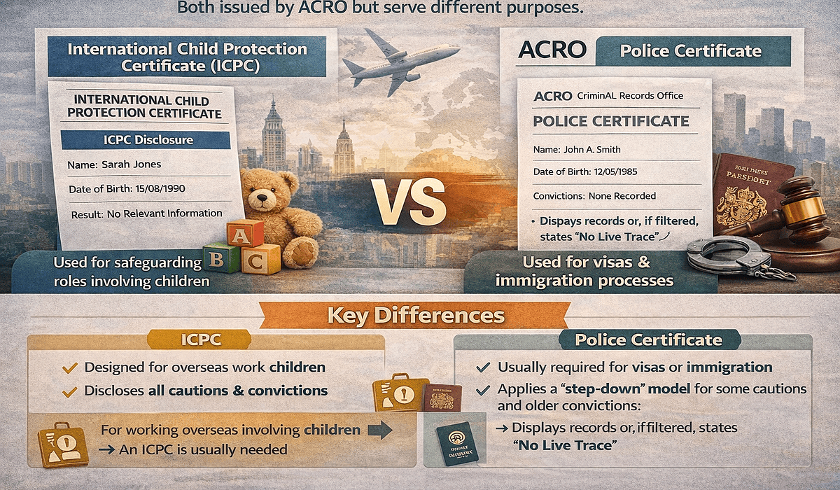 Infographic explaining the difference between an International Child Protection Certificate (ICPC) and an ACRO Police Certificate, including disclosure of cautions, convictions and the step-down model.
