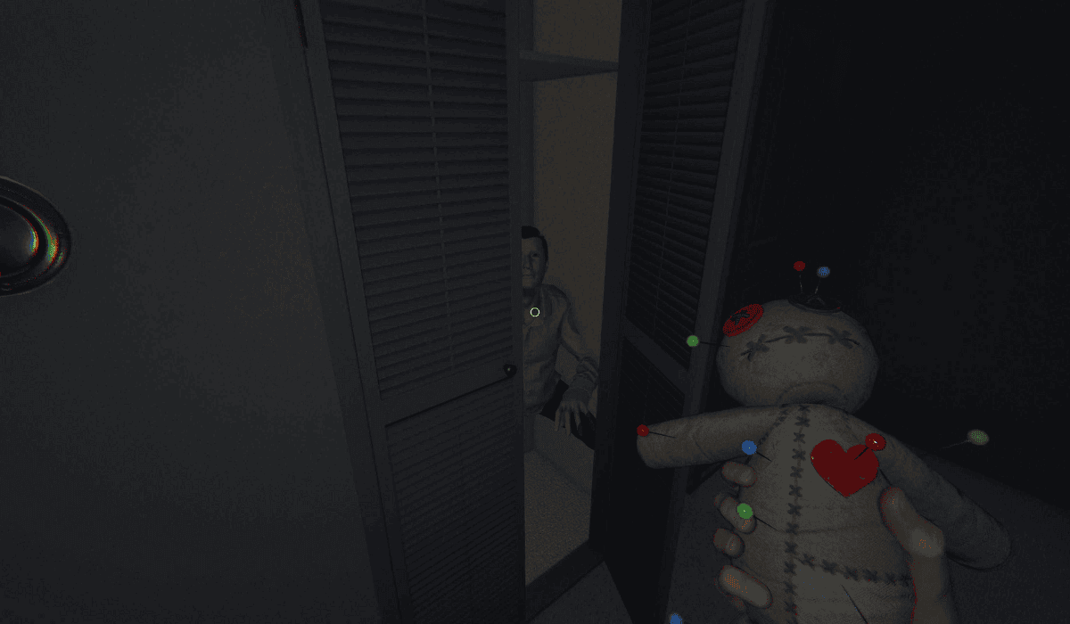 A voodoo doll foreground with closet doors partially open revealing a person's arm.