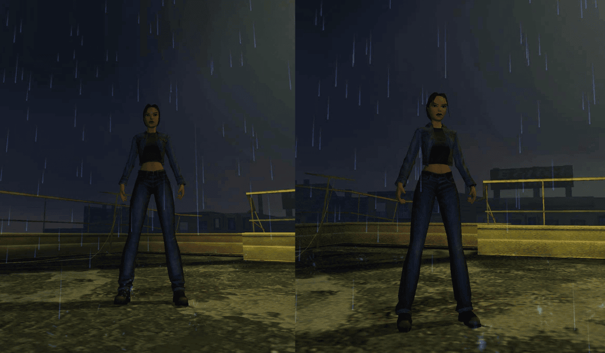 A figure stands under heavy rain against a dark, moody sky, wearing a cropped top and denim jacket, with urban scenery in the background.