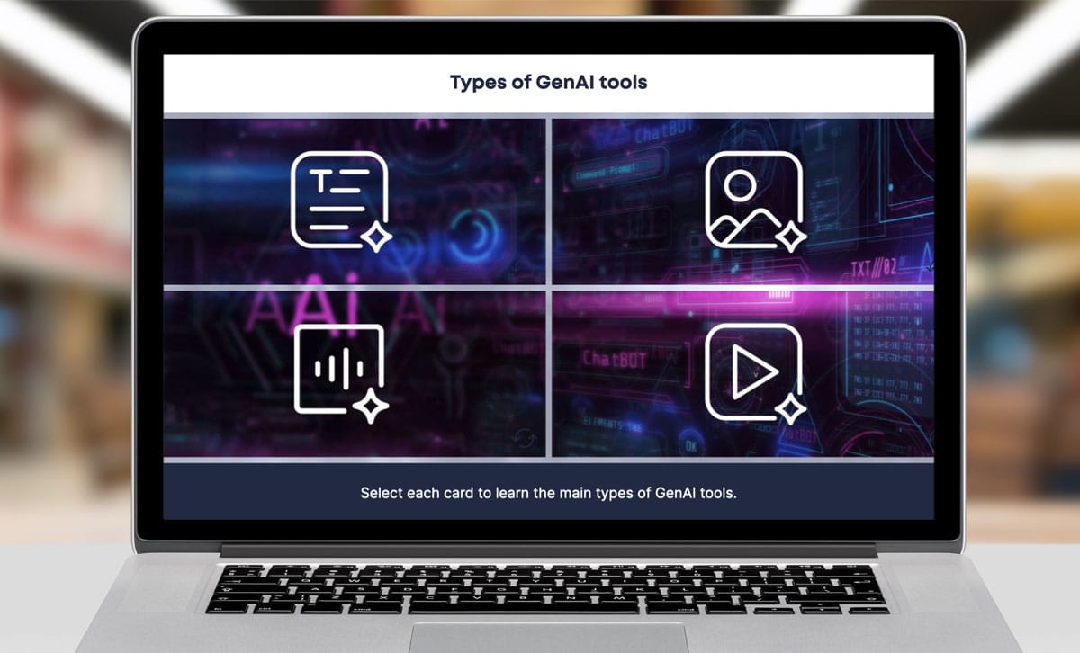 Screenshot of GenAI Esentials eLearning course, types of GenAI Tools slide. Screenshot of GenAI Esentials eLearning course, types of GenAI Tools slide.