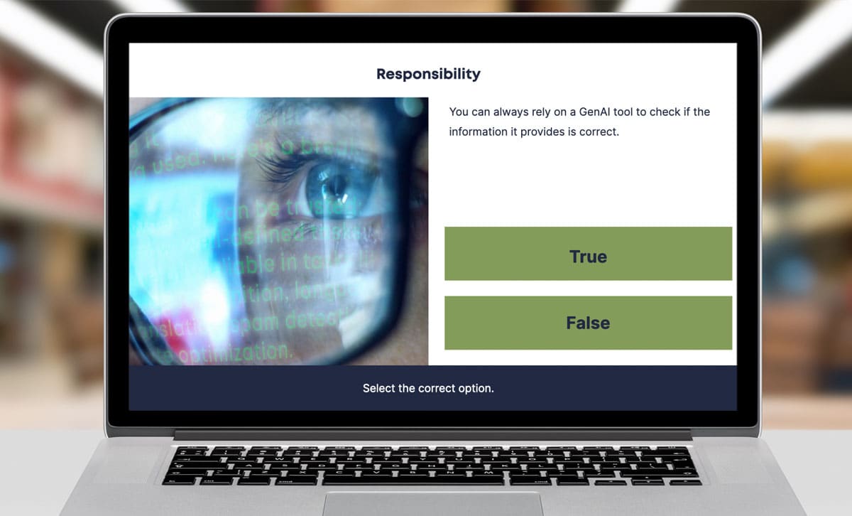 Screenshot of GenAI Esentials eLearning course, responsibility question slide. Screenshot of GenAI Esentials eLearning course, responsibility question slide.
