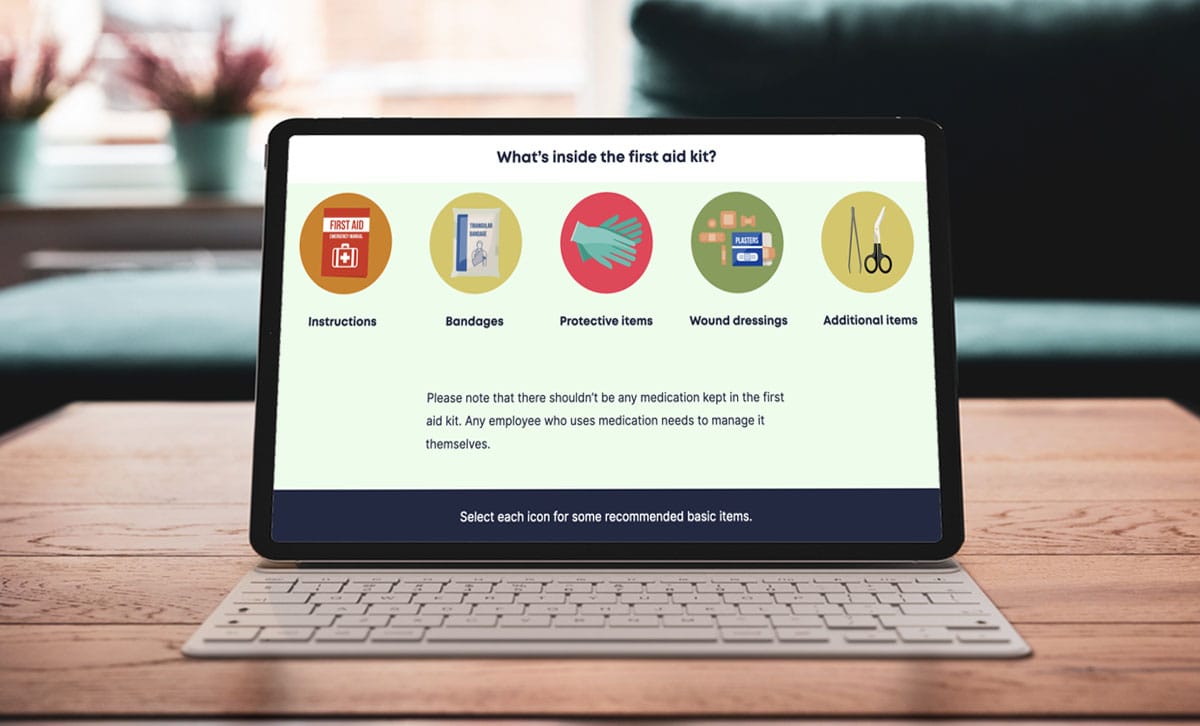 Screenshot of Basic First Aid eLearning course, what's inside the first aid kit slide Screenshot of Basic First Aid eLearning course, what's inside the first aid kit slide