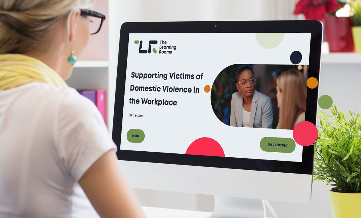Screenshot showing the title slide of Supporting Victims of Domestic Violence in the Workplace online course. Screenshot showing the title slide of Supporting Victims of Domestic Violence in the Workplace online course.
