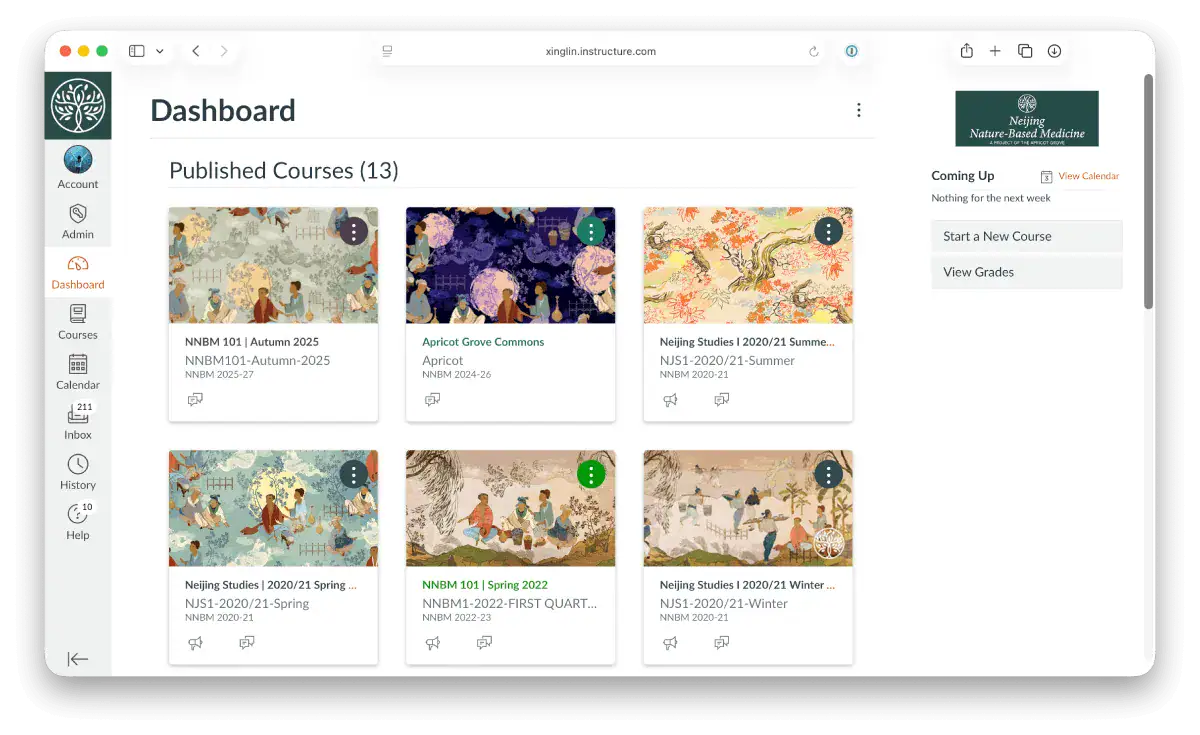 Website dashboard of the Canvas online learning platform with course cards and options for taking the course.