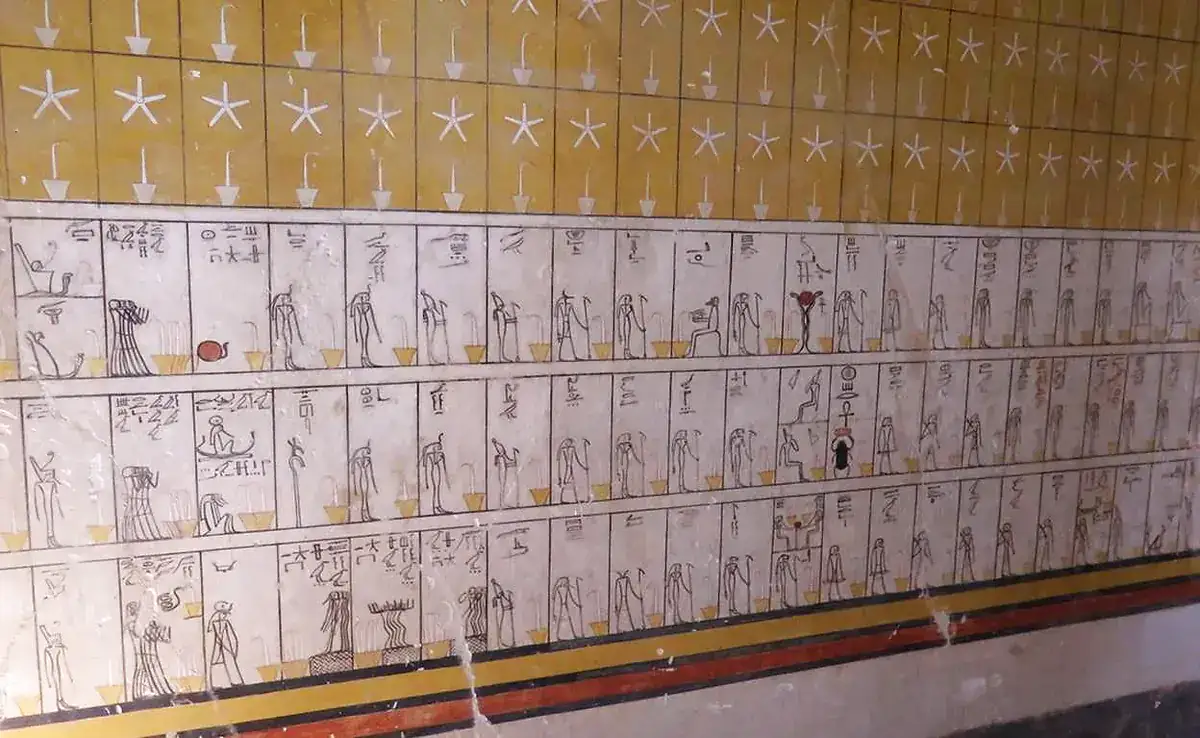 Painted Amduat walls inside the burial chamber of Thutmose III tomb KV34