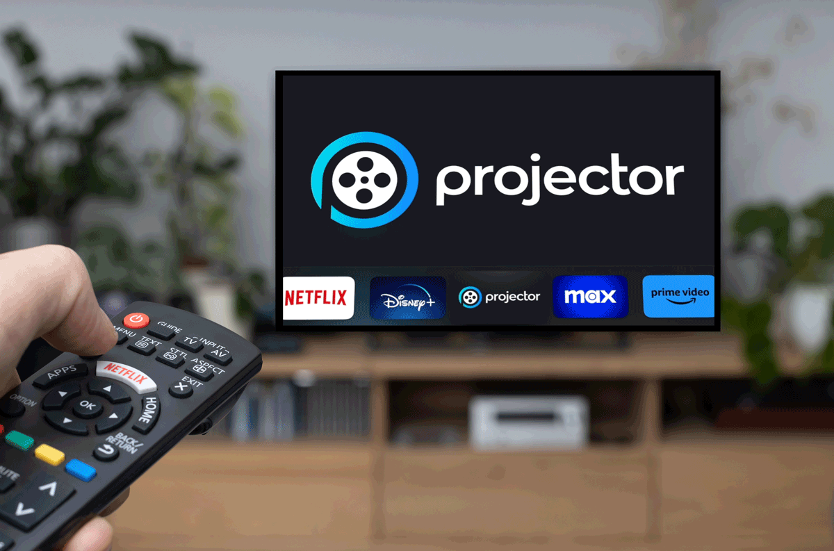 A hand holding a remote control points at a TV displaying streaming service logos: Netflix, Disney+, Projector, Max, and Prime Video. The room has a wooden TV stand with plants and blurred background decor.