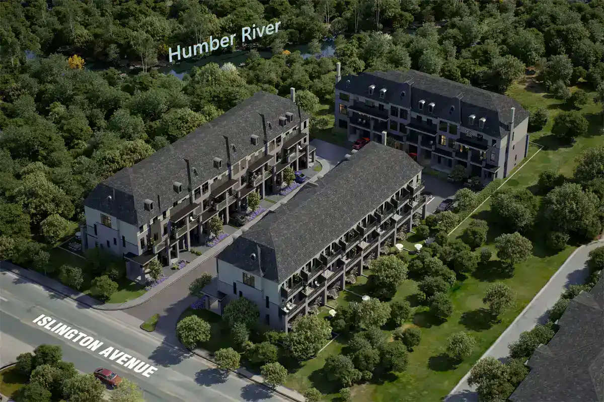 Aerial view of Fifth Avenue Homes Woodbridge development site on Islington Avenue, showing townhome blocks nestled against the lush greenery of the Humber River.