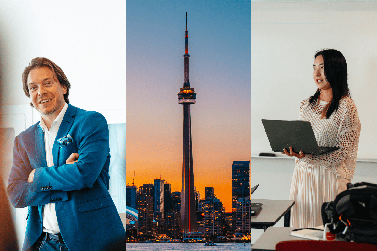 The image actually consists of three photos: the first shows a man, the second shows a photograph of the CN Tower, and the third shows one of the participants of ABC Toronto 2023.