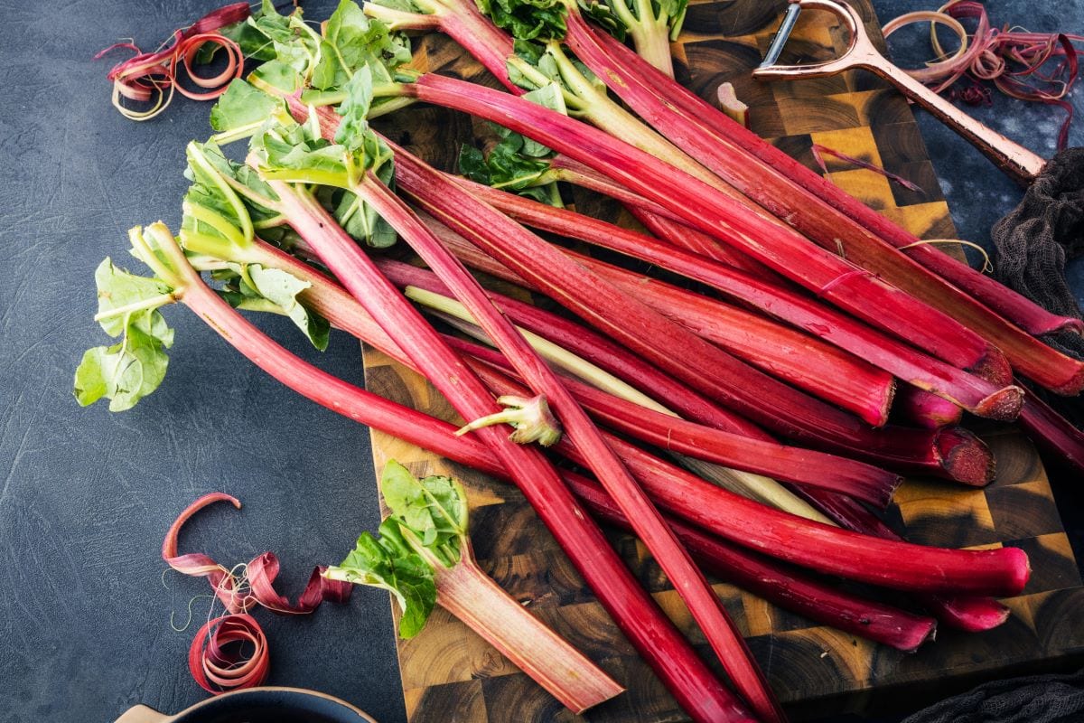 rhubarb on cutting board and dark background