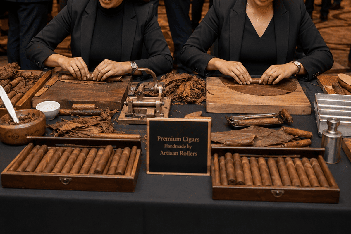 Professional female cigar roller providing live cigar rolling entertainment at an event
