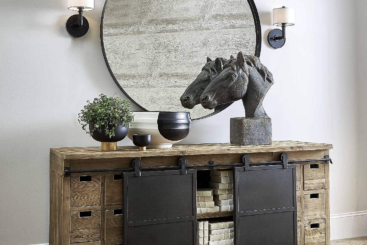 High-quality rustic wooden sideboard with decorative horse head sculptures and modern black accents.