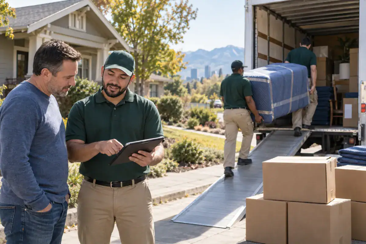 Mover reviewing the bill of lading with a customer on loading day while the crew loads the truck