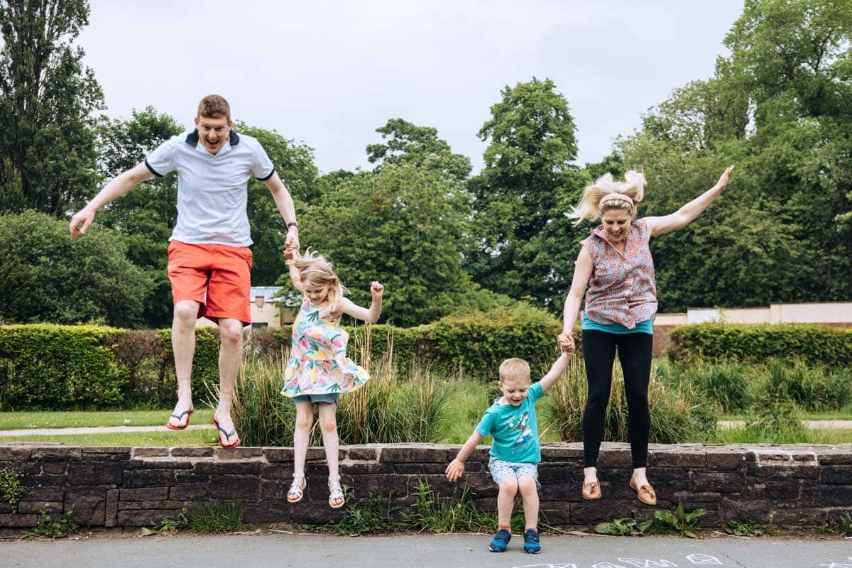 Family jumping for picture