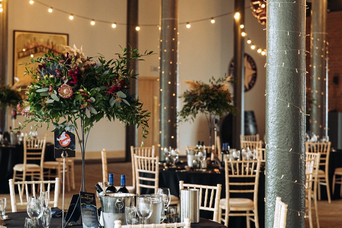 wedding breakfast room set up for a wedding at the titanic hotel liverpool