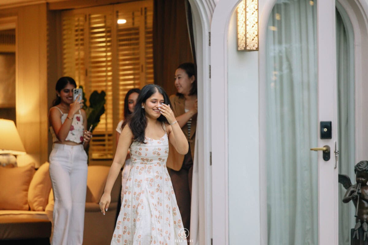Paridhi covers her face in surprise as she steps out of La Residence Villa at InterContinental Hua Hin