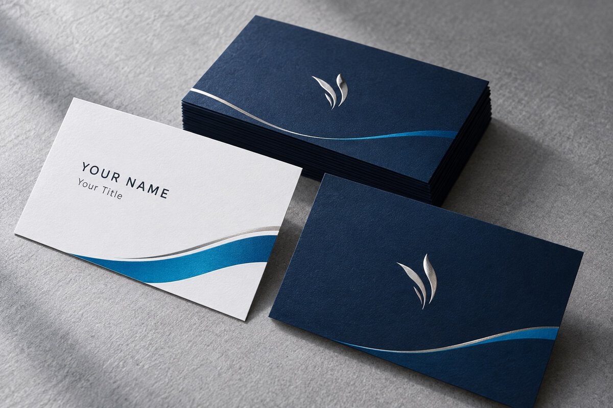 Navy and white business cards with blue accents and silver foil details