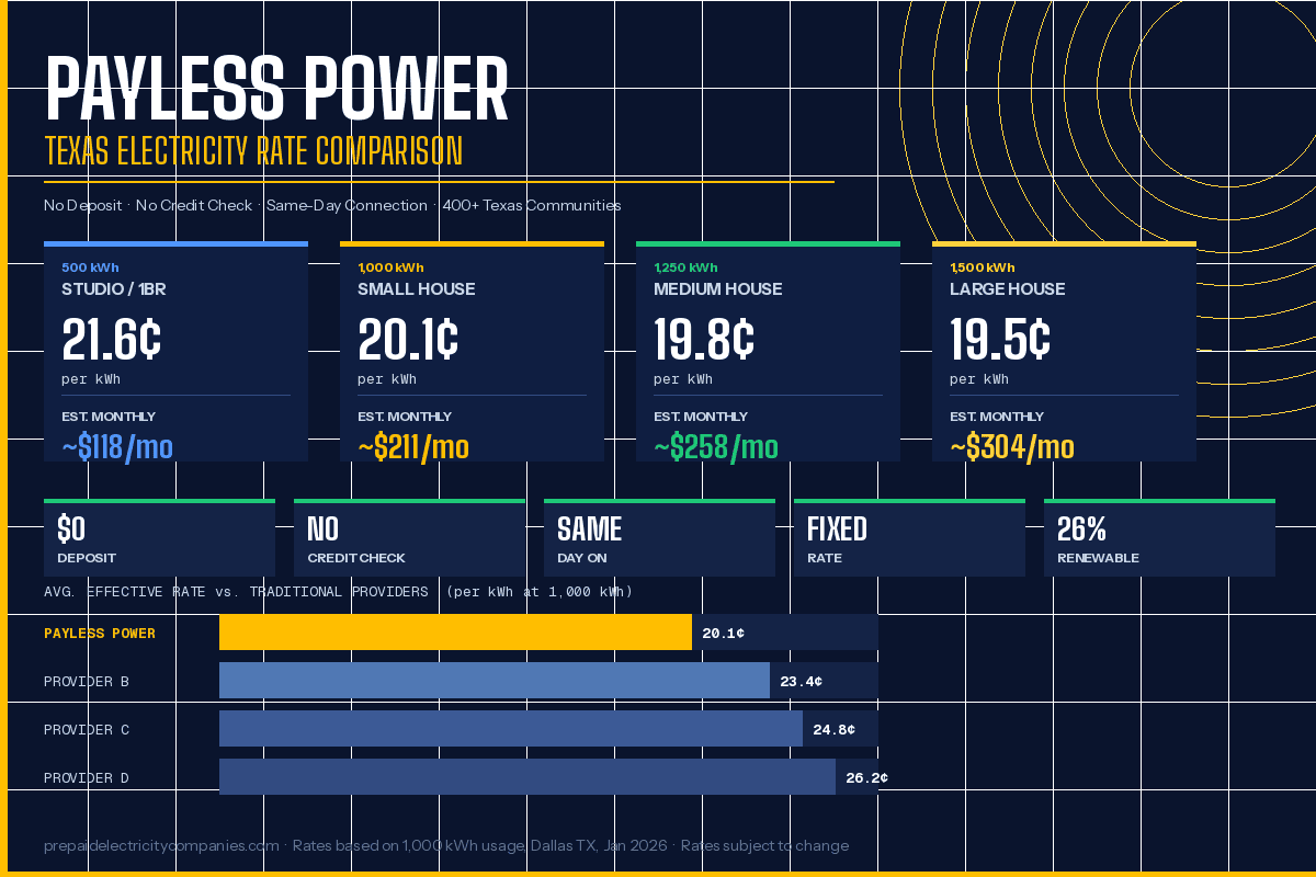 Payless Power Texas electricity rates comparison chart showing prepaid plan costs per kWh