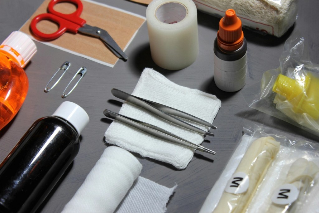 Sterile gauze and first aid supplies for pilonidal cyst wound care at home