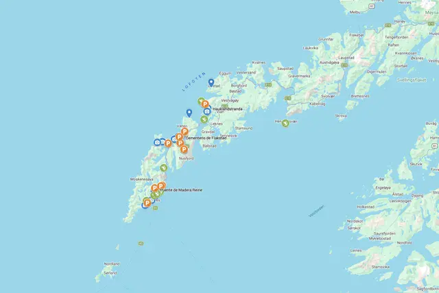 El mapa de localizaciones de Lofoten, con sus puntos de foto