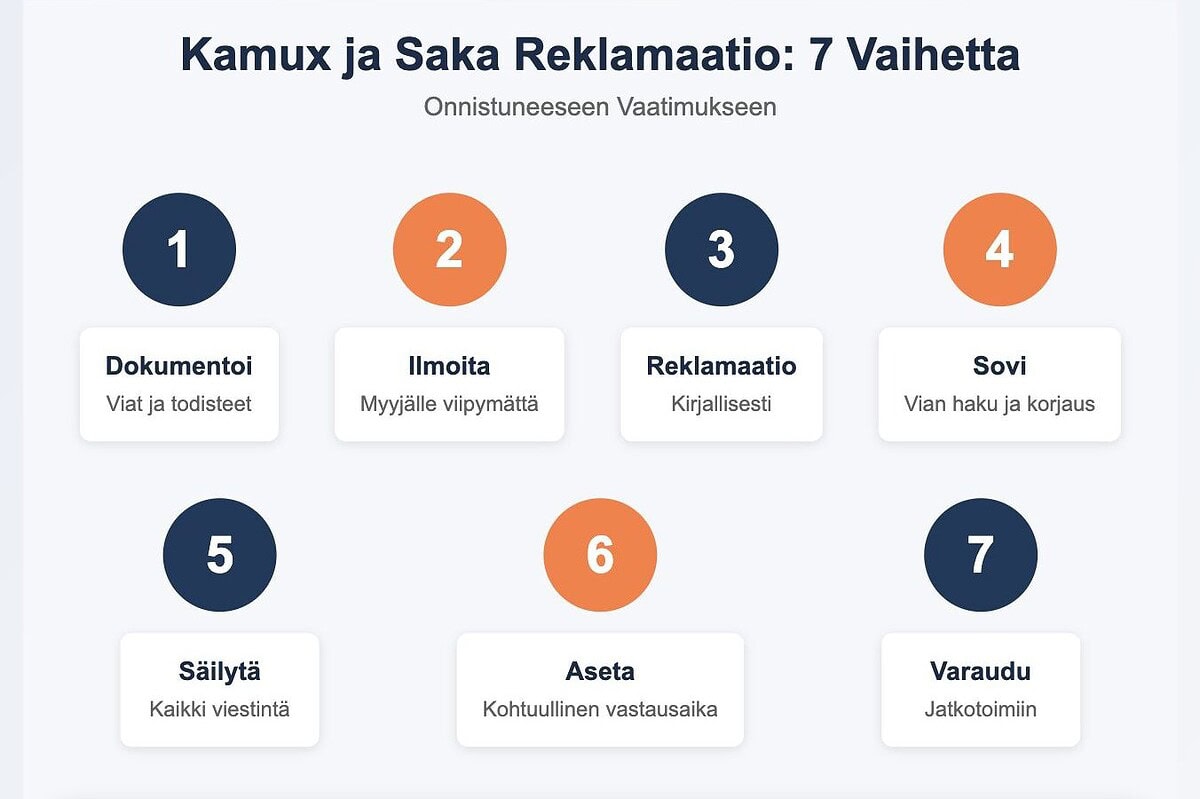 Kamux- ja Saka reklamaatio prosessi 7 vaihetta - infografiikka onnistuneeseen vaatimukseen