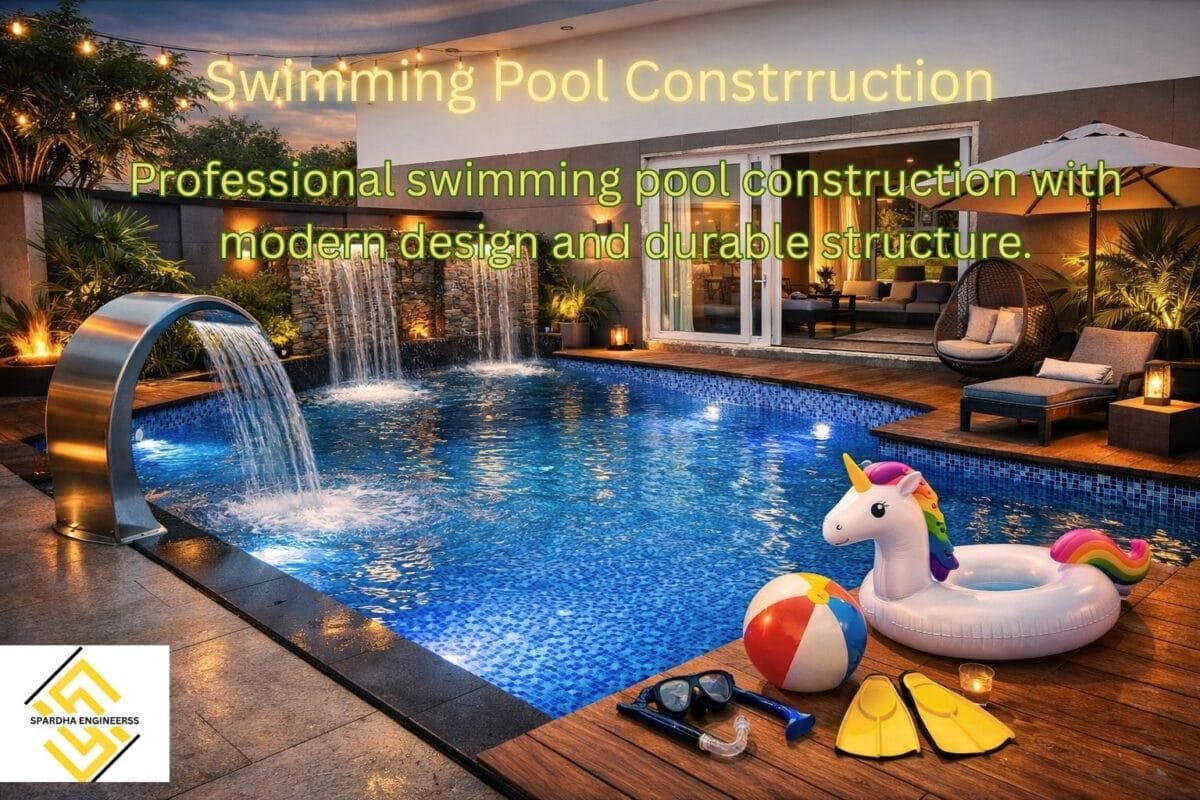 Swimming pool construction in New Delhi with modern design and blue tile finishing