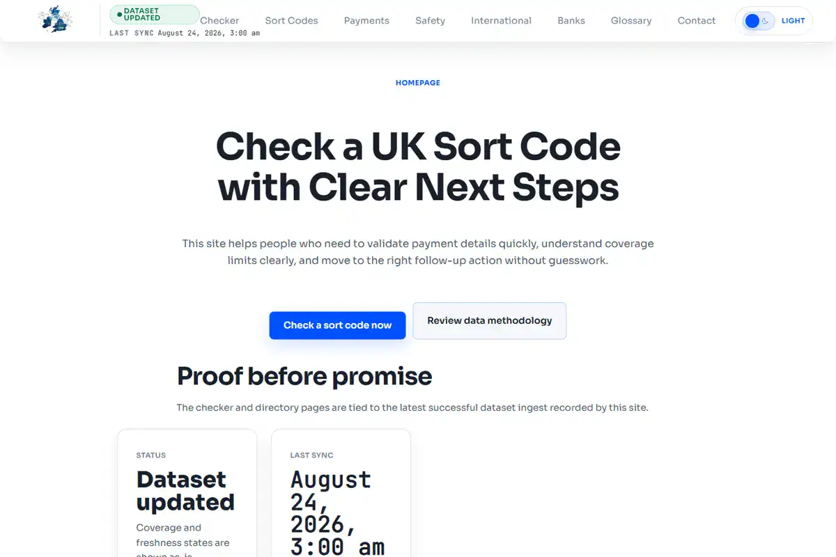 Sort Code Checker website interface