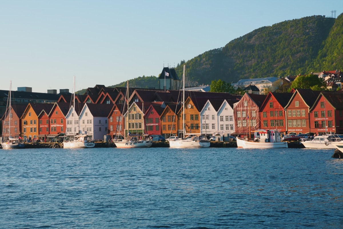 View of bryggen from bergen harbour in norway