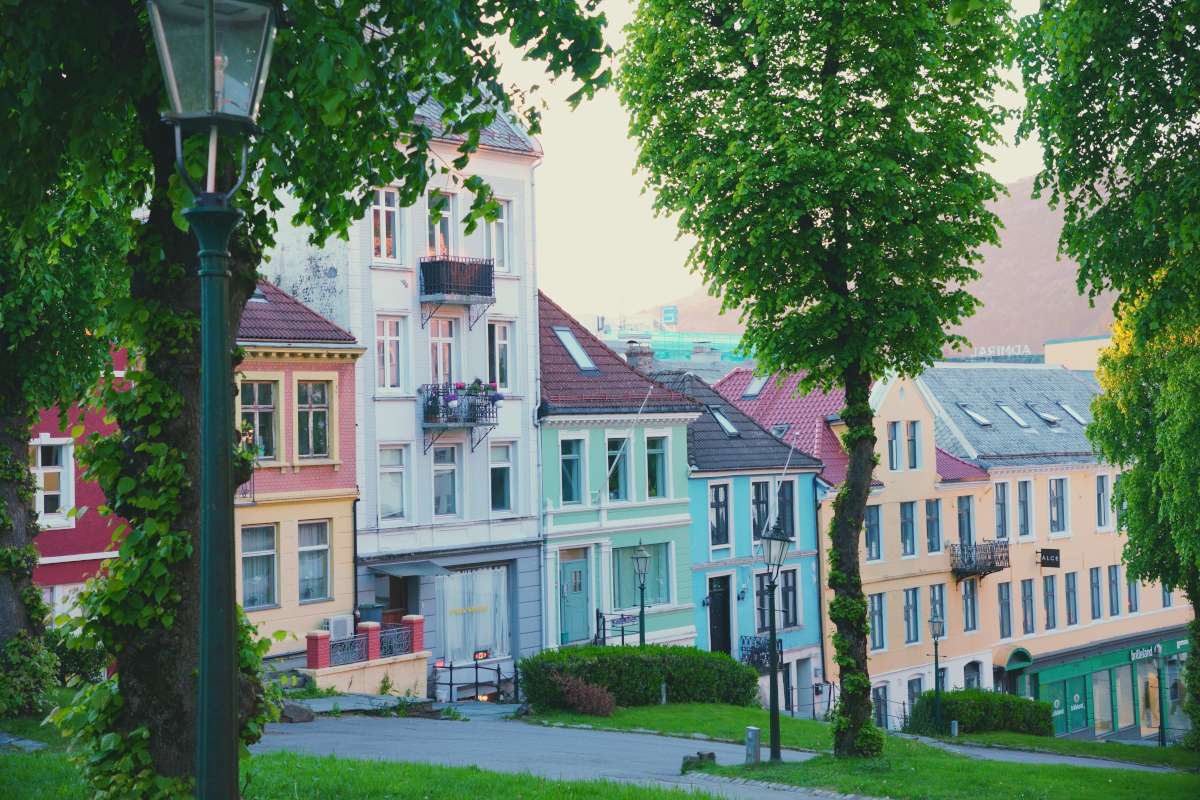 ostre_murallmenningen_bergen View of norwegian colorful houses on a tree line street in bergen, norway