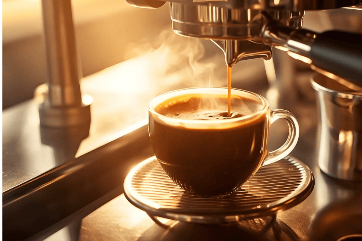 Commercial coffee machine dispensing coffee in to a cup