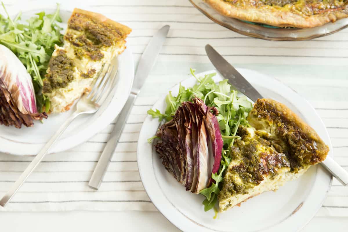 pesto quiche with grilled radicchio