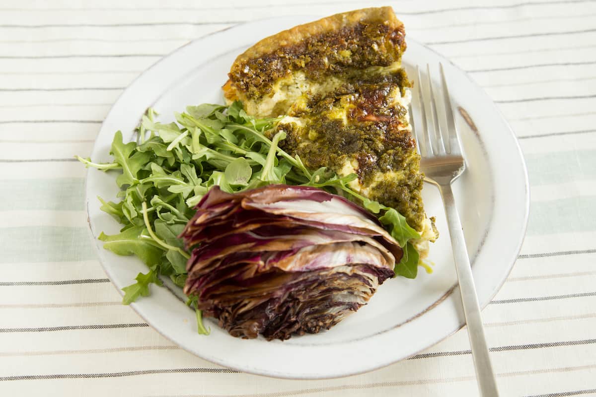 pesto quiche with grilled radicchio