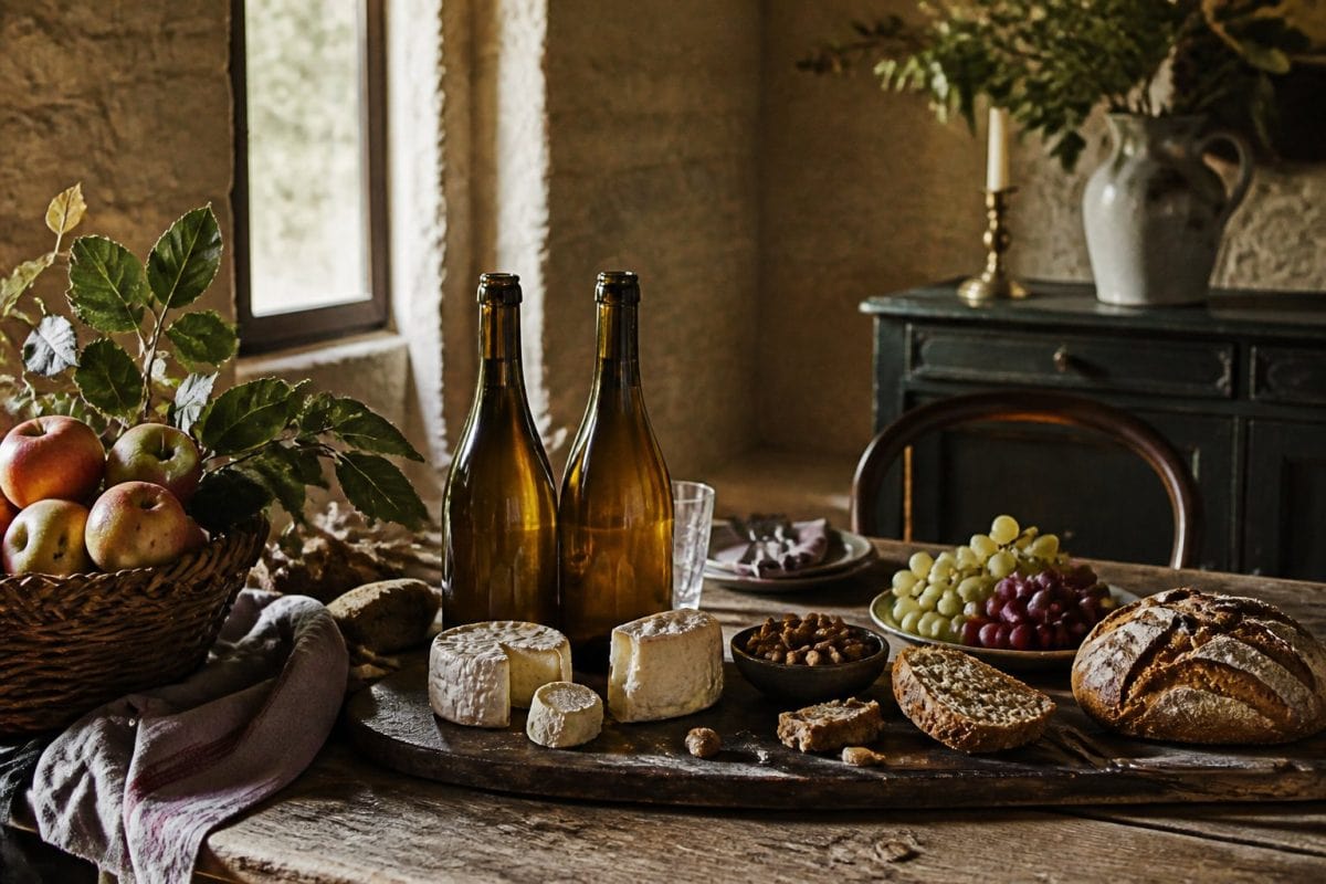Table de ferme avec produits régionaux, pain et cidre