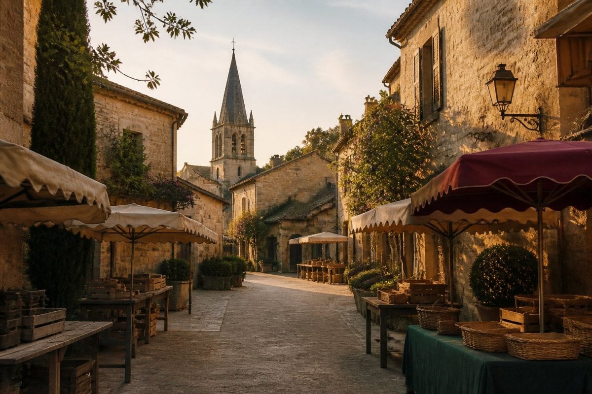 Village de pierre blonde et étals de marché le matin