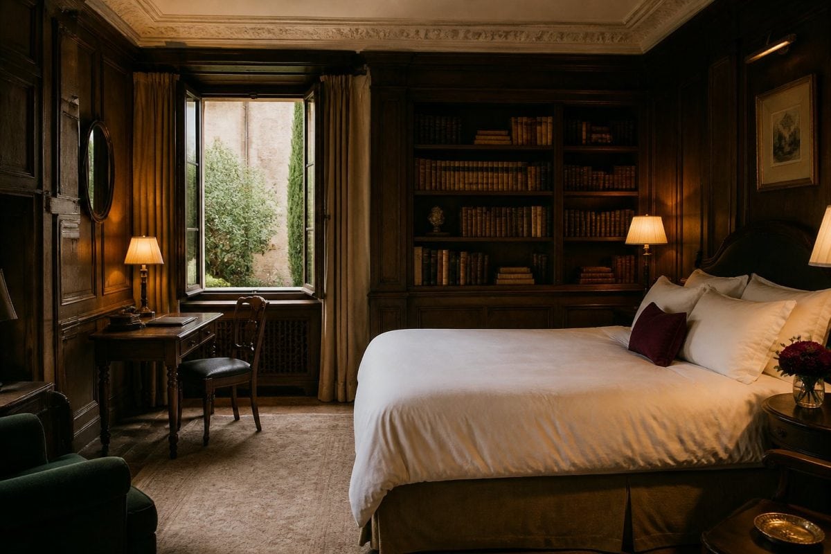 La Bibliothèque : boiseries anciennes et rayonnages de livres