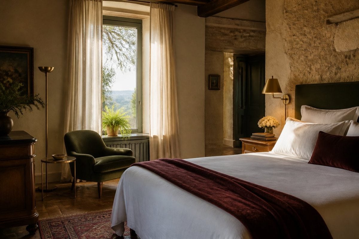 La Chambre du Verger : lit face à la fenêtre et lumière du matin
