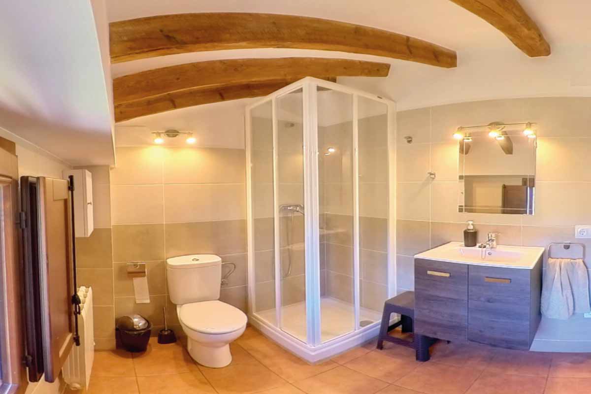 Bany on hi ha un lavabo, una dutxa tancada amb una cristallera vista, una paperera, una pica amb un moble de color fusta fosc amb dos calaixos, un espill, un tamboret i una tovallola color beix.