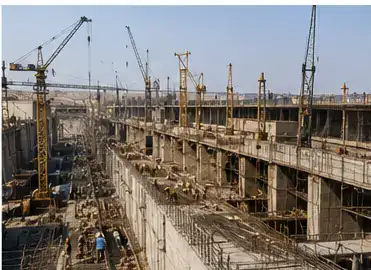 Construction works with cranes and reinforced concrete